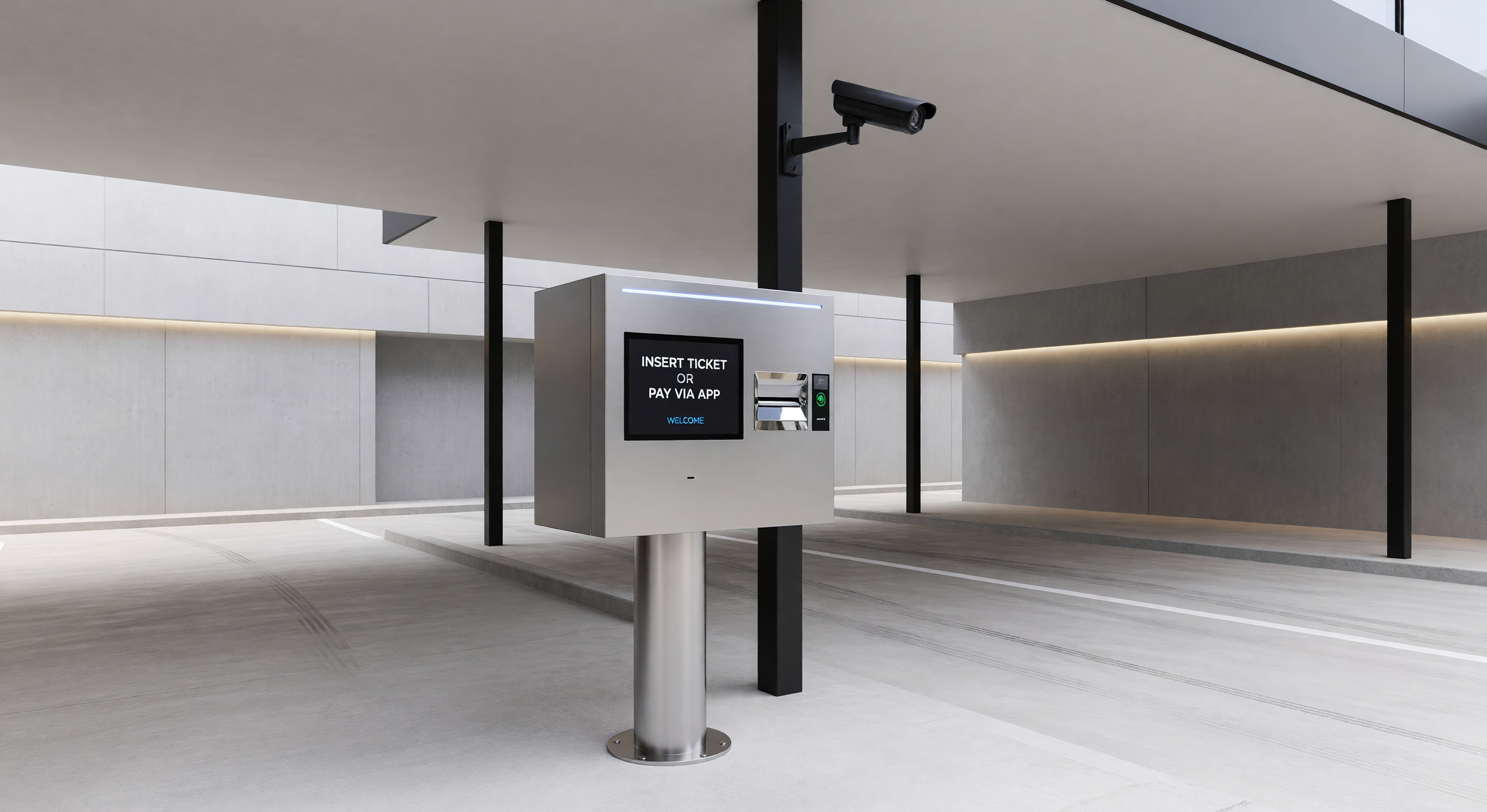 Parking ticket dispenser at a garage entry lane dispensing a thermal ticket