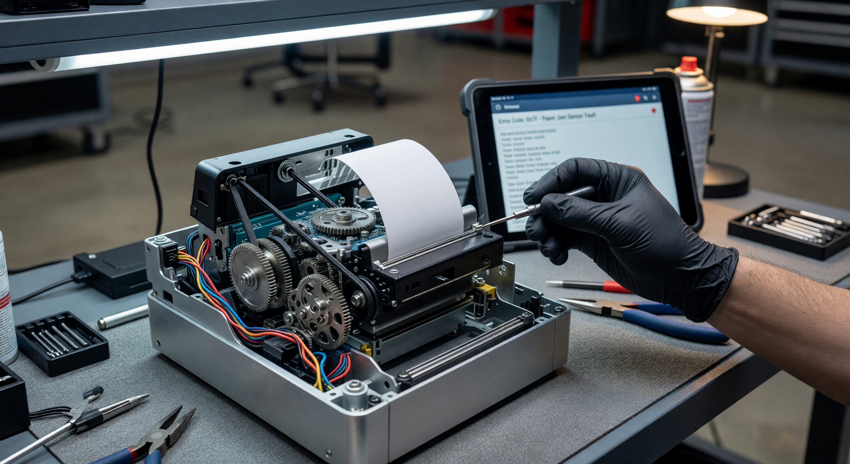 Parking facility thermal ticket printer during maintenance inspection