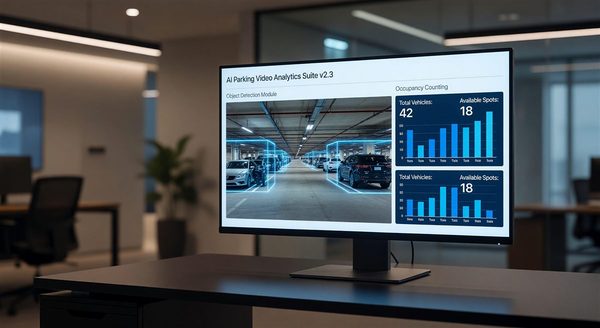 Video analytics dashboard showing parking lot occupancy heat map and alerts