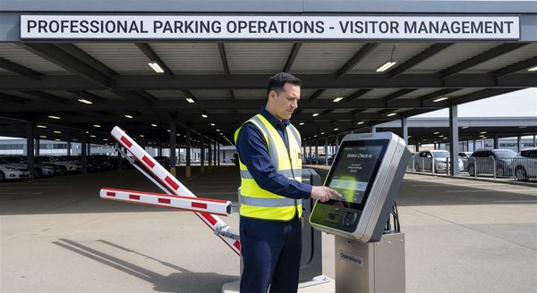 Visitor parking check-in kiosk with host notification system at a corporate parking facility
