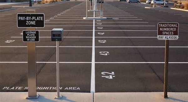 Pay station showing license plate entry for pay-by-plate parking transaction