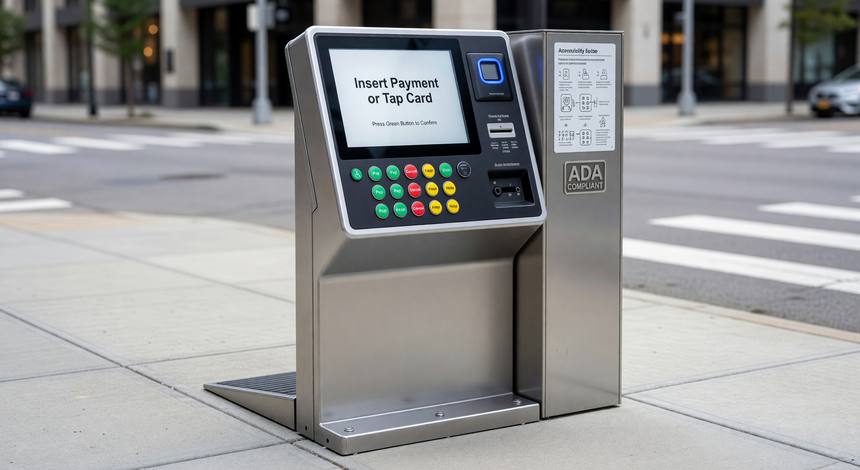 ADA-compliant parking pay station at accessible reach height with audio jack