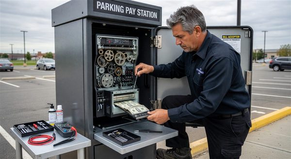 Technician cleaning the transport path of a parking pay station bill acceptor