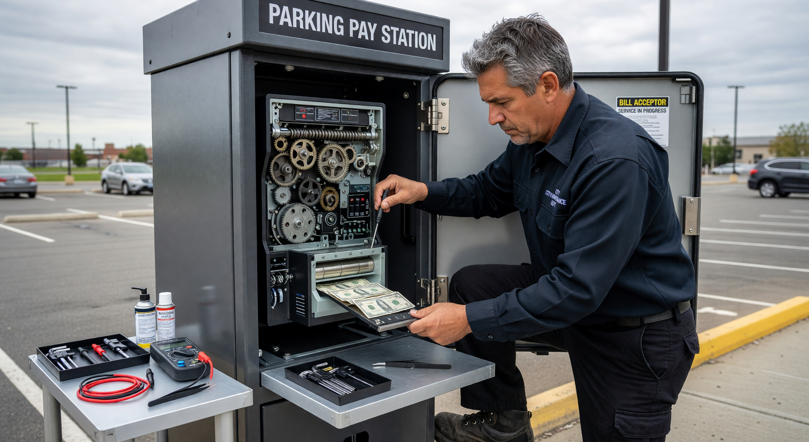 Technician cleaning the transport path of a parking pay station bill acceptor