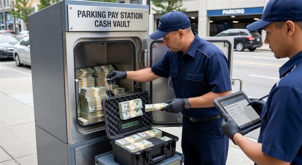 Parking pay station vault collection with cash management documentation