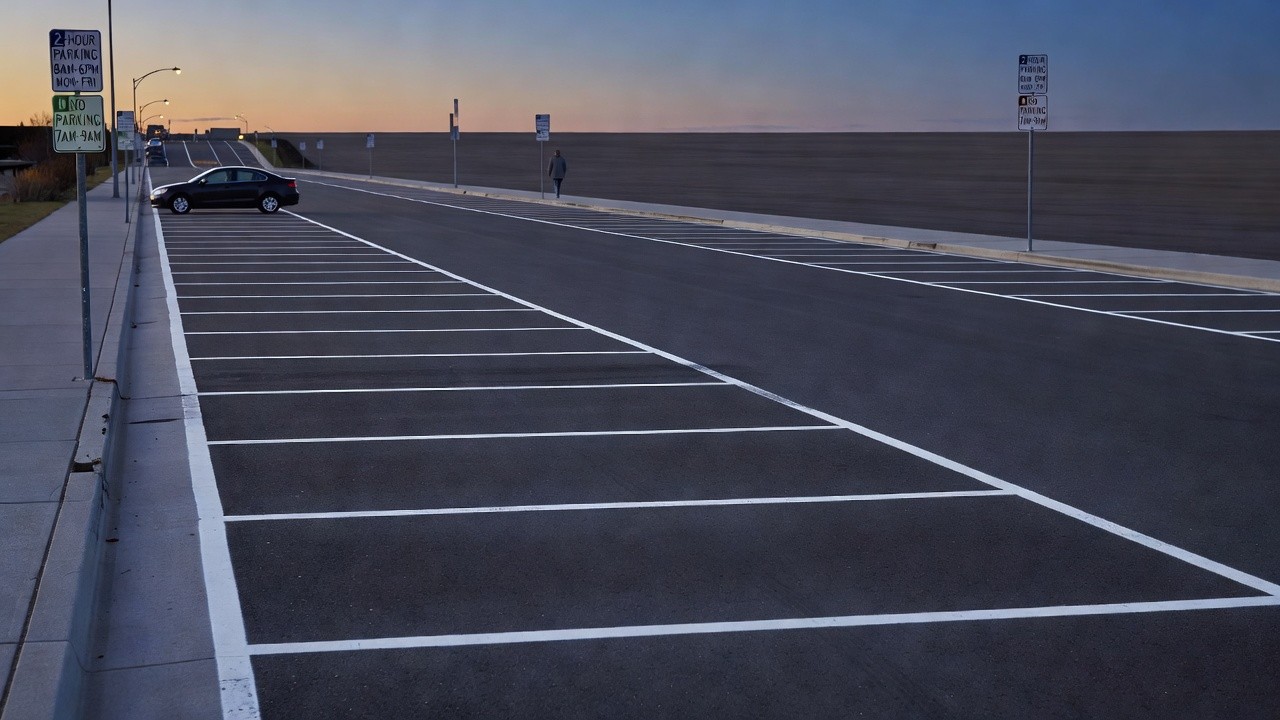City street lined with marked parking bays and parking regulation signage at dusk