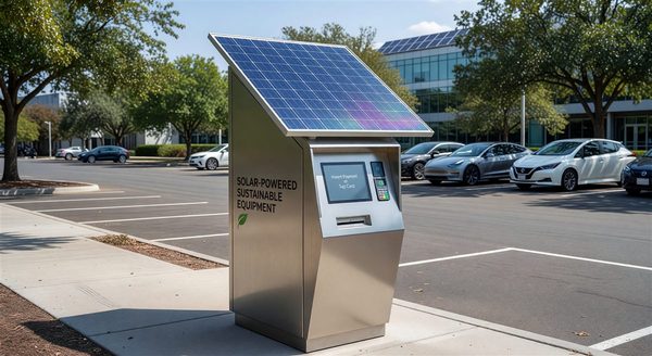 Solar-powered parking pay station with roof-mounted solar panel in a surface lot