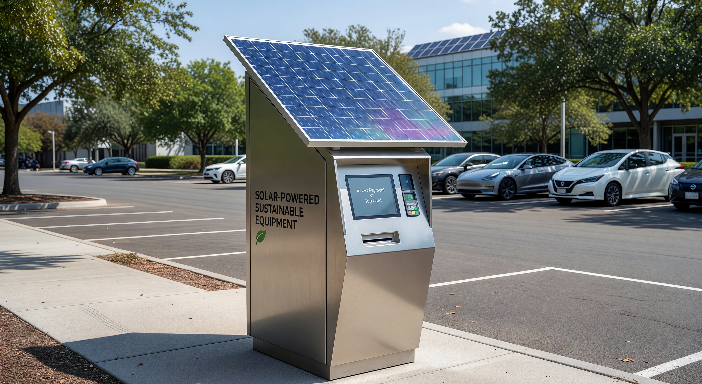 Solar-powered parking pay station with roof-mounted solar panel in a surface lot