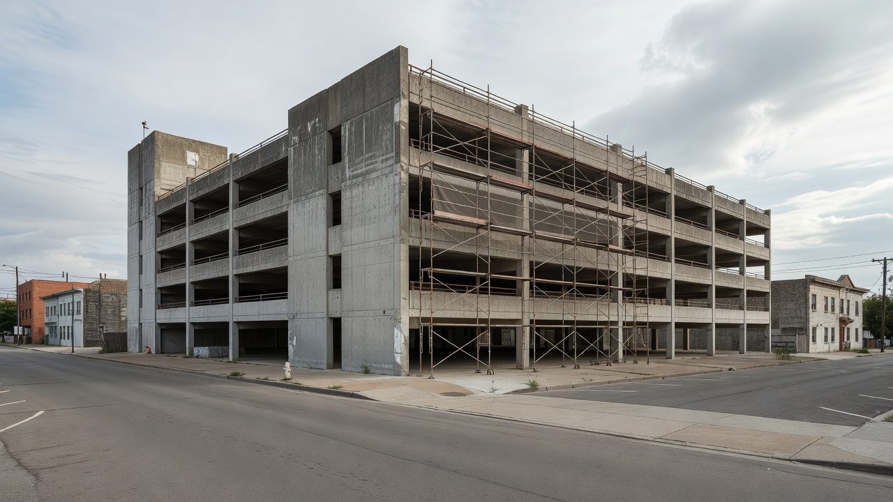 Empty concrete parking garage level showing structural columns, beams and painted bay markings