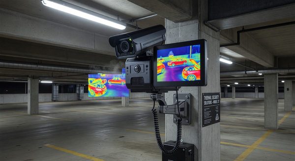 Thermal camera heat signature view of a parking lot at night