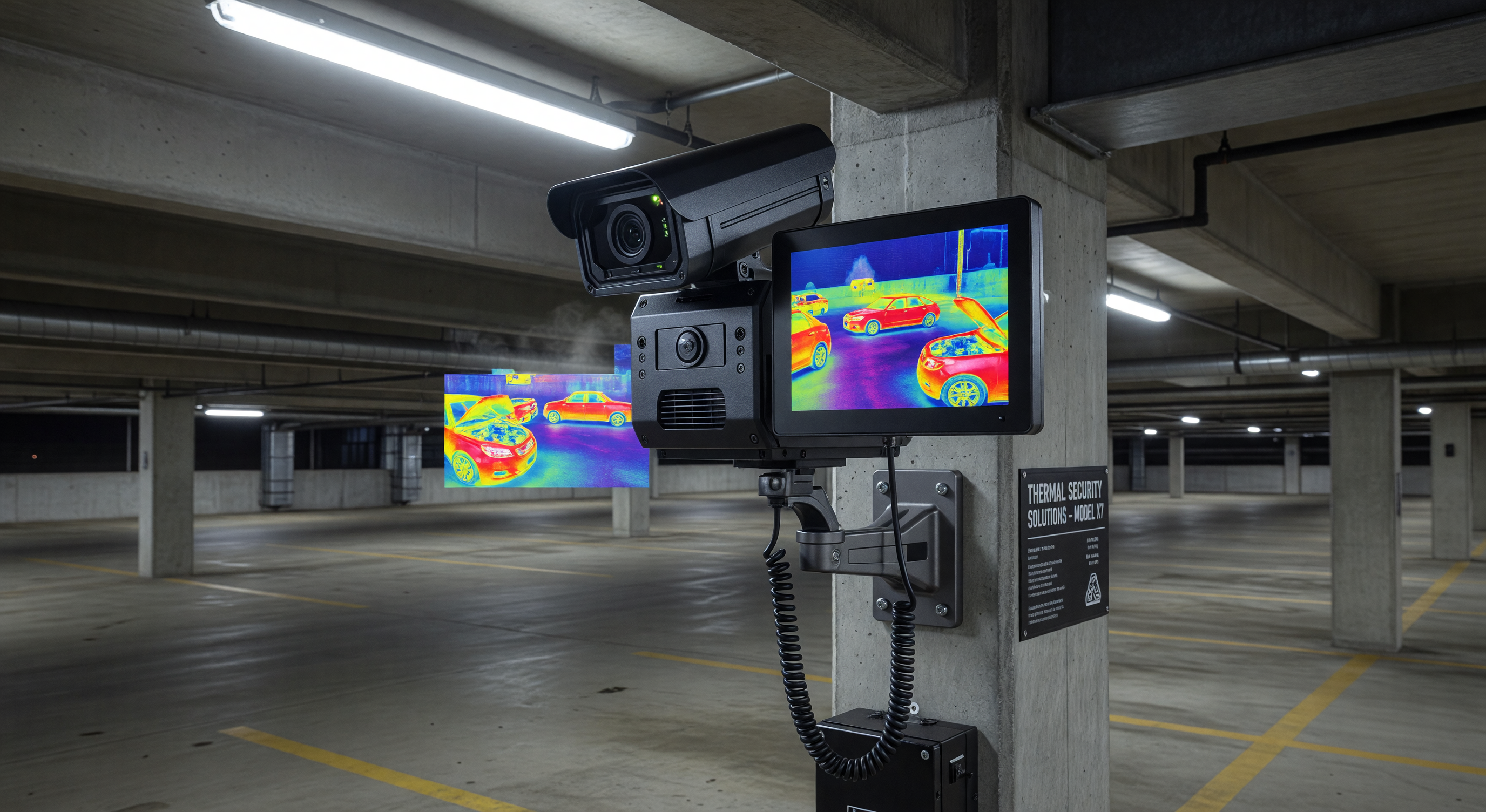 Thermal camera heat signature view of a parking lot at night