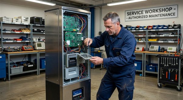 Technician inspecting a refurbished parking pay station