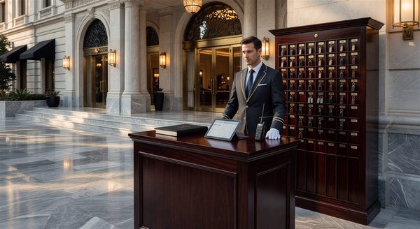 Valet key cabinet and ticket printer at a hotel valet stand